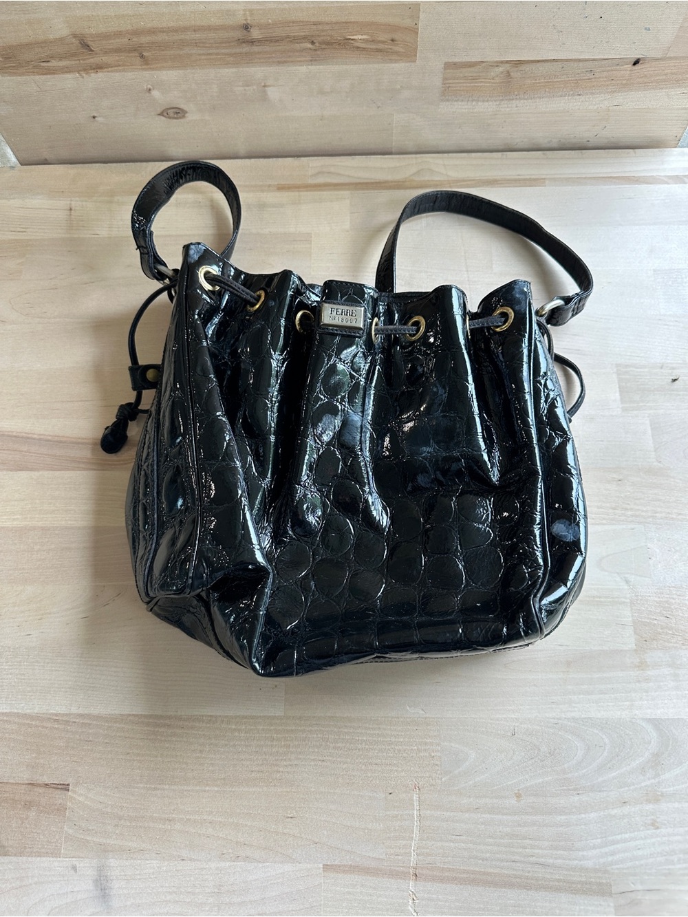 Vintage Gianfranco Ferre Black Patent Croc-Embossed Drawstring Shoulder Bag
